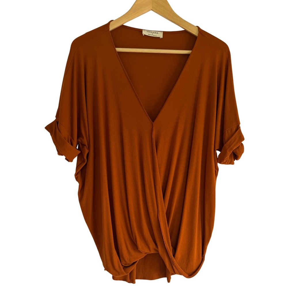Zenana Womens Rust Orange V-Neck Wrap Front Dolman Sleeve Top RT-2170AB Large